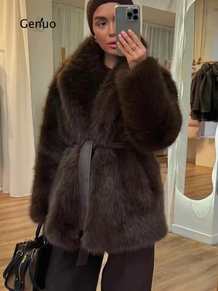 2026 Women Faux Fox Fur Coat Belted Waist Fluffy Warm Winter Jacket Luxury Plush Outerwear Trendy Streetwear