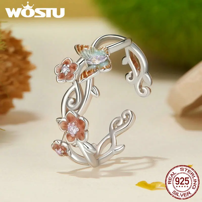 WOSTU Open Ring 925 Sterling Silver romantyczna wiśniowa pierścień z motylem dla kobiet dziewczyna przyjęcie prezent urodzinowy FNR538-E biżuterii