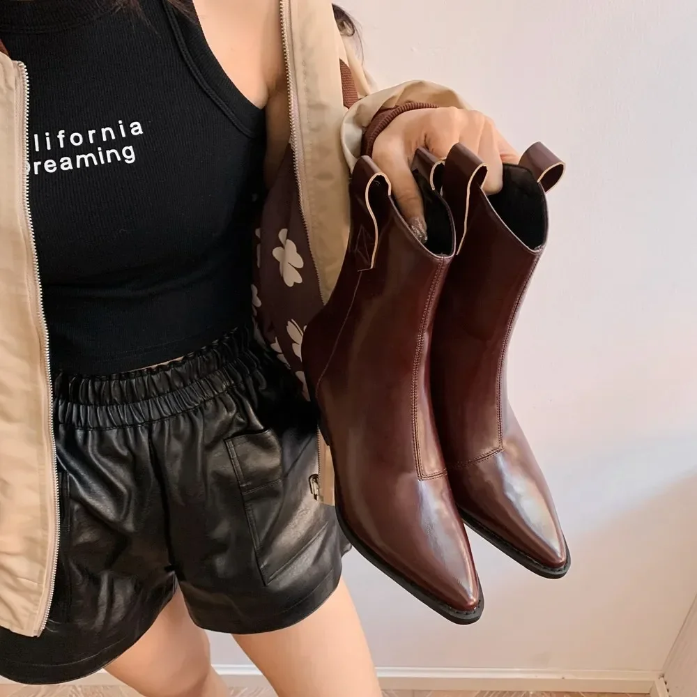 Plus Size 33-45 Autumn Pointed Toe Western Cowboy Boots Punk Chunky Ankle Boots Women Cossacks Booties Wedges Shoes Botas Mujer