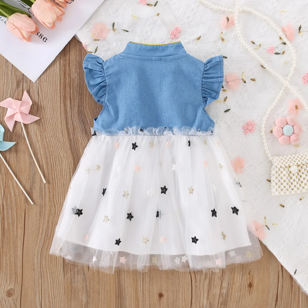 Baby Girl Denim Dress Star Embroidered Gauze Princess Dress for Kids Cute Summer Clothes