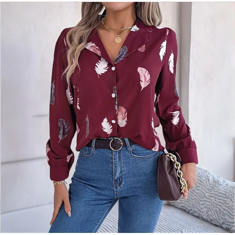 CGS-Bluse für Damen, langärmelig, lässiges Arbeitshemd, elegantes bedrucktes Revers, lockere Passform, Tunika, Bürokleidung, Oberteil