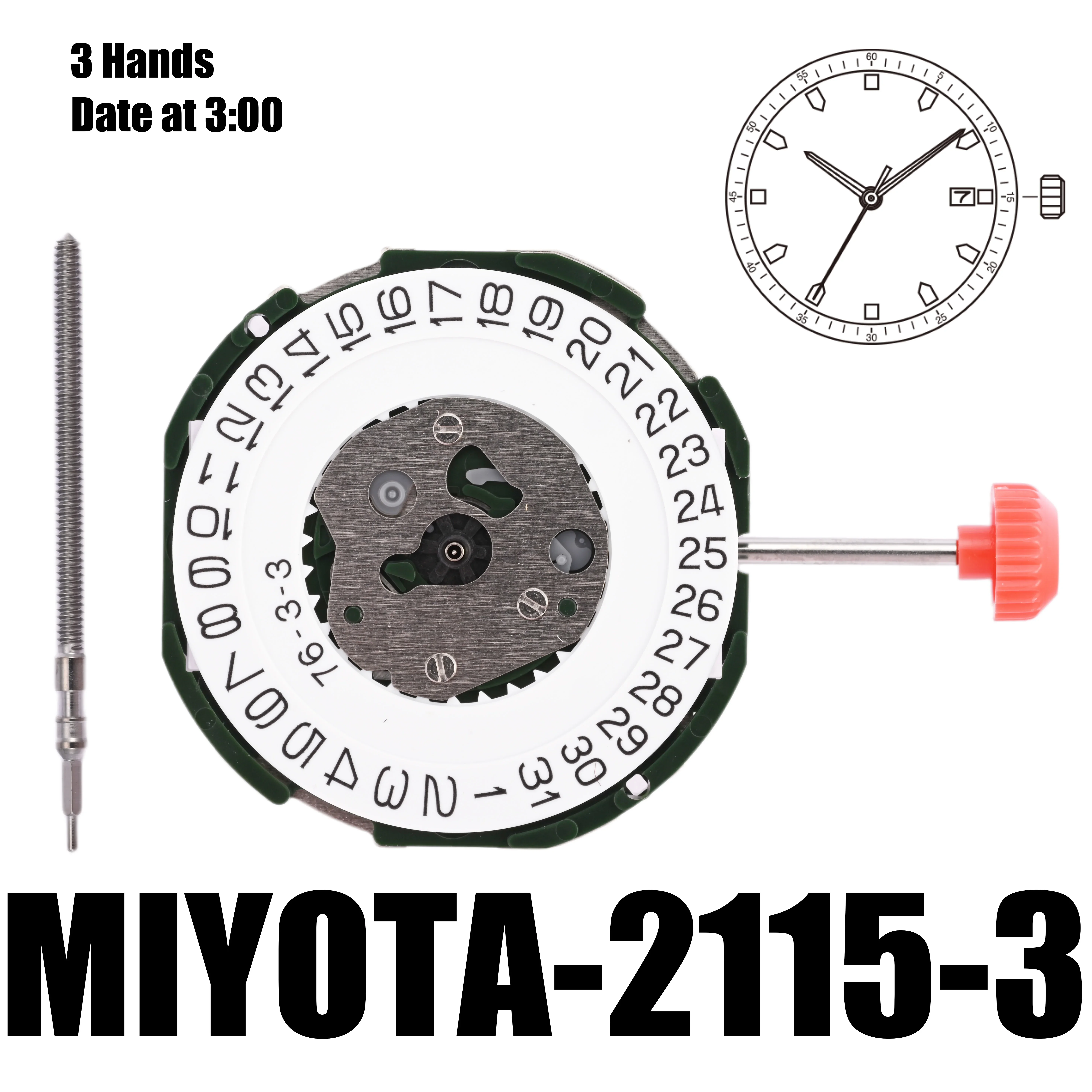 2115 Movement Miyota 2115-3 Movement with date display at 3 o'clock 3 Hands Size 10 1/2’’’ Height 4.15mm Battery Life 3 years