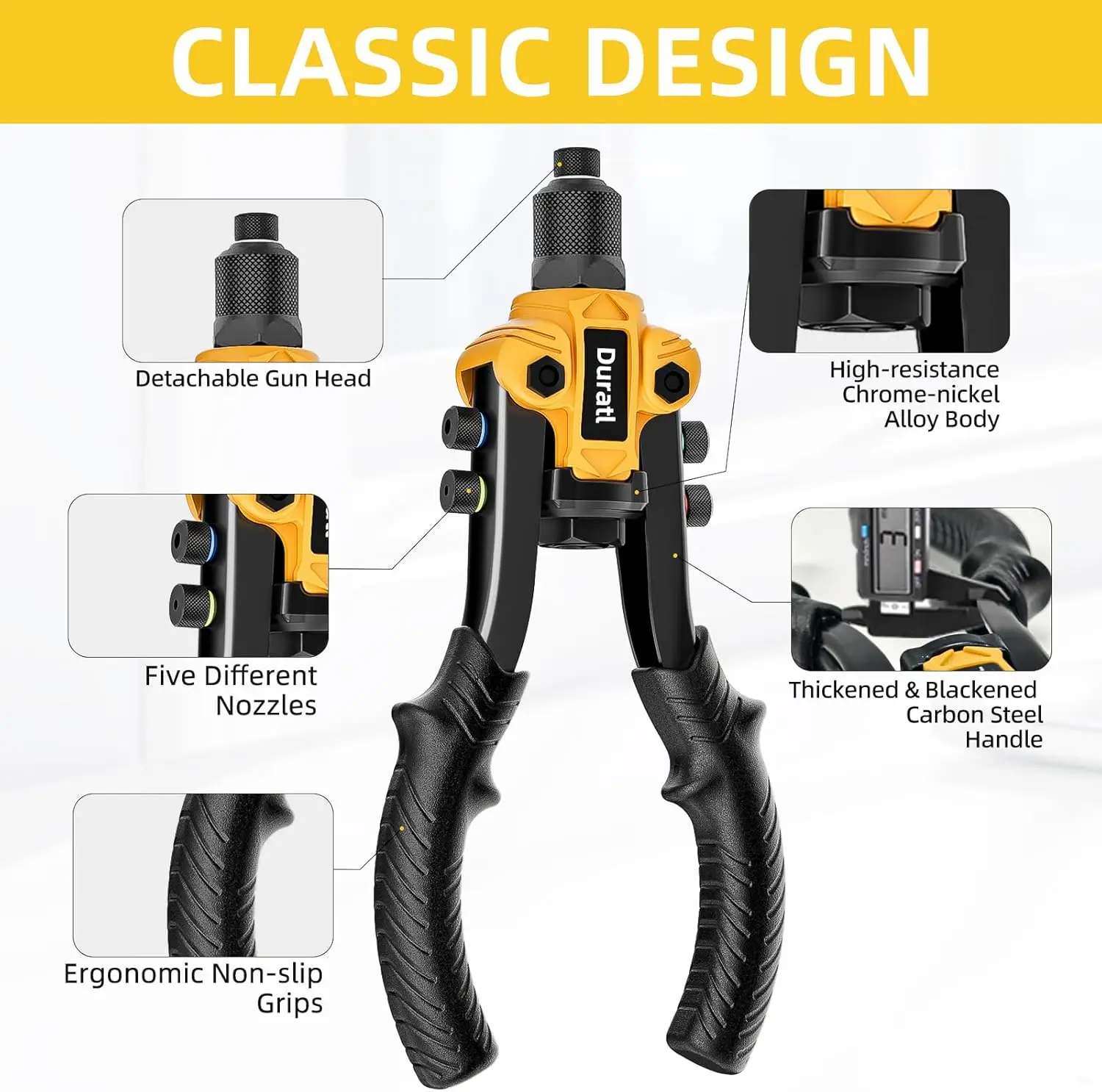 Rivet Gun Kit with 200 Blind Rivets, 5 Heads (3/32' to 1/4'), Heavy Duty Hand Tool for Metal, Gutter, Automotive