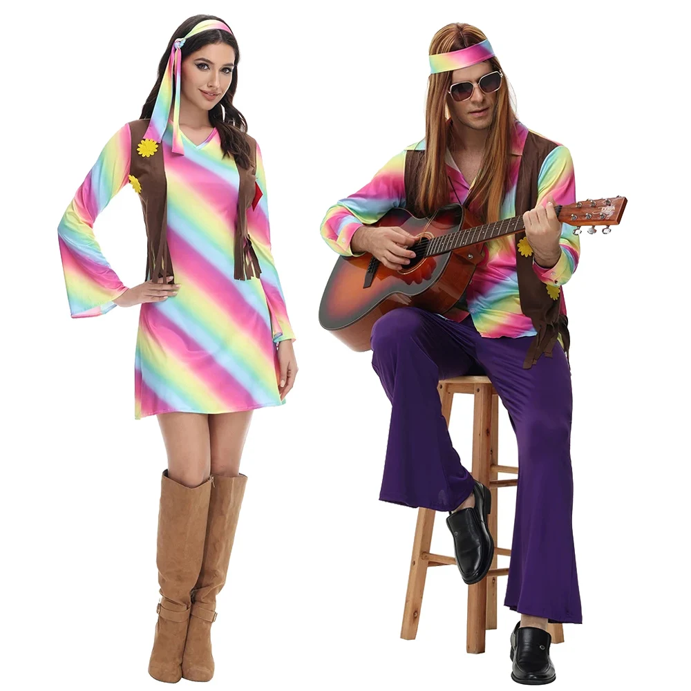 

Halloween Couples Hippie Costumes 60s 70s Hippie Stage Wear European Retro Peace Love Rock Disco Cosplay Sweet Rainbow Dress