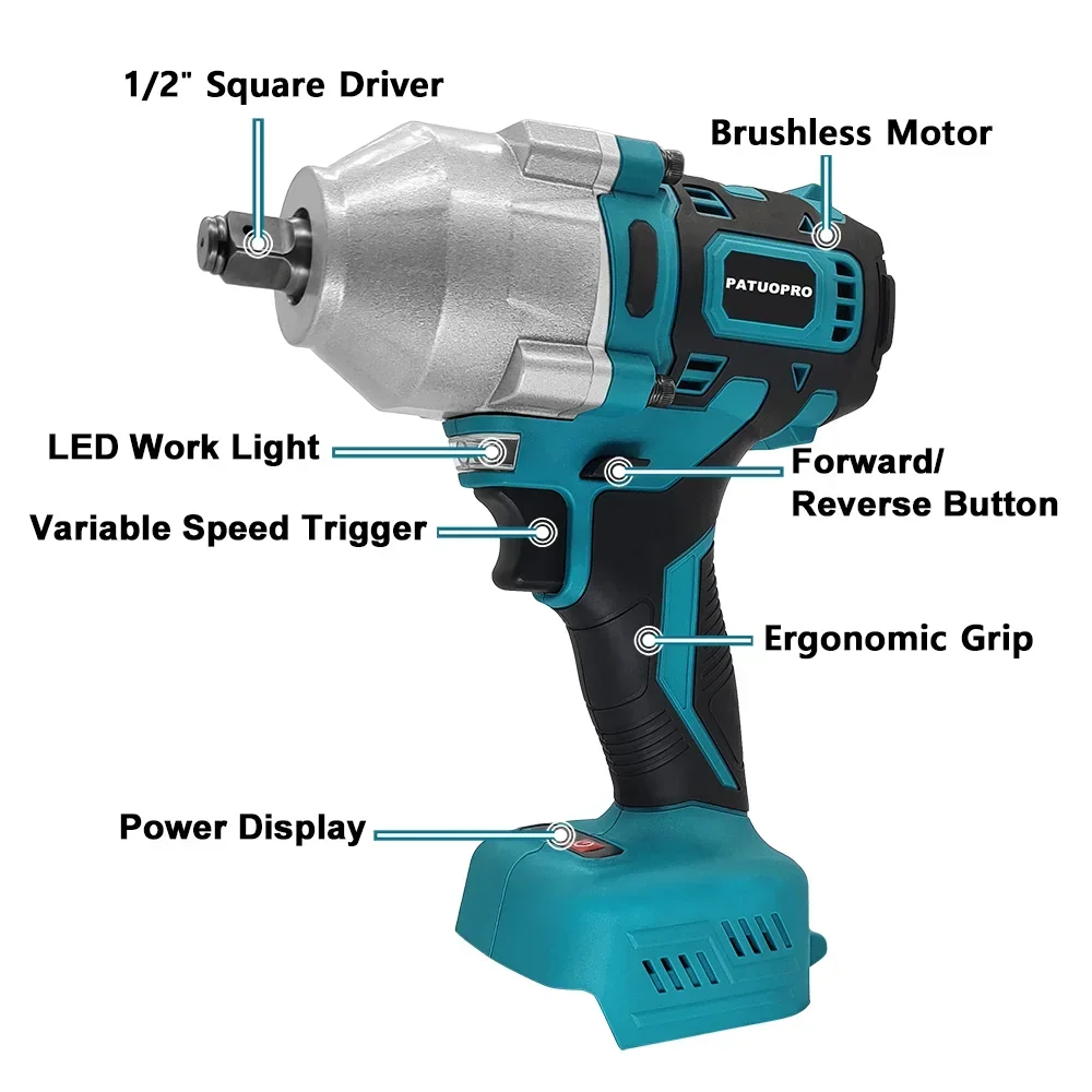 PATUOPRO 1650NM Brushless Cordless Impact Wrench 1/2 Inch Handheld Variable Speed Car Repair Power Tool For Makita 18V Battery