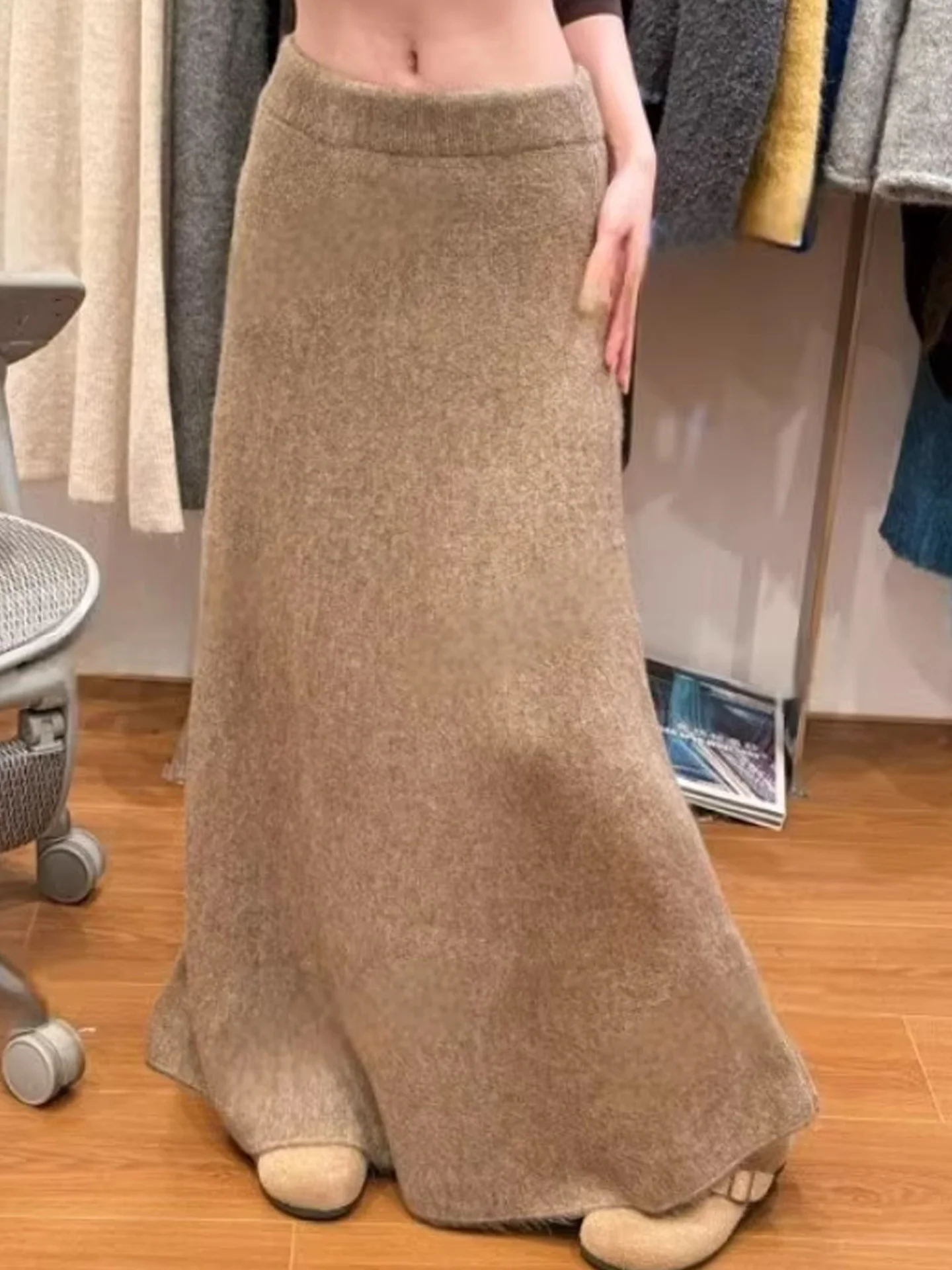 

Мягкая вязаная юбка-карандаш цвета хаки с высокой талией, А-силуэта, для весны и осени, повседневная, удобная, для женщин