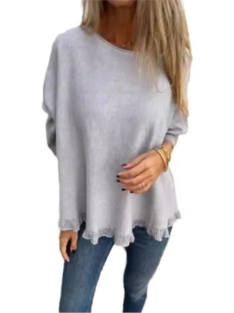 Femmes automne et hiver nouvelle mode couleur unie ample décontracté à manches longues haut col rond pull frais et doux Ropa De Mujer