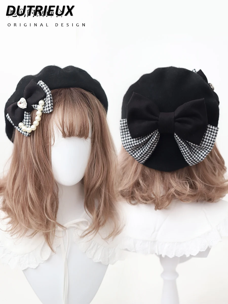 

Original Versatile Retro Sweet Cute Girl Versatile Beret Caps Spring Black and White Color Scheme Simple Gentle Bow Hat