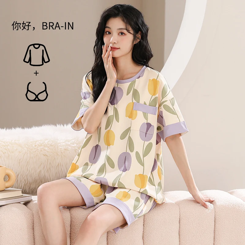 Summer Cotton Pajamas for Women Short Sleeves Shorts Chest Padded Pajama Sets Sweet Girl Sleepwear Round Collar Homewear