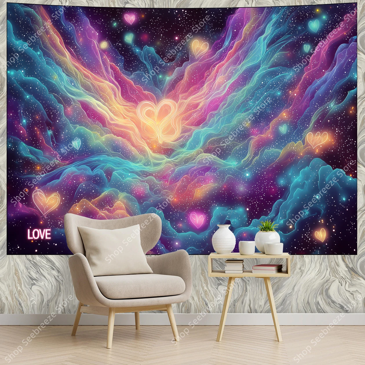Radiant Love Heart Tapestry with Golden Glowing Stars on Pink Blue Purple Ombre Cloud Background for Romantic Bedroom Wall Decor