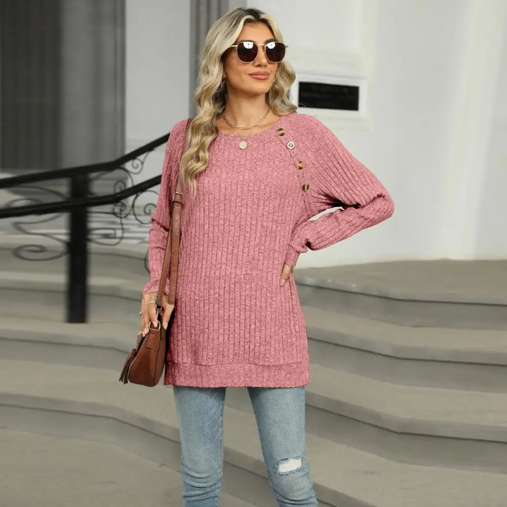 Comfy Round Neck Tee Stylish Women's Long Sleeve Tee with Button Detail Side Slits Casual Round Neck for Everyday for Comfort