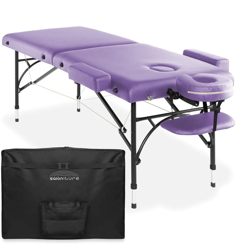 

Saloniture Professional Portable Lightweight Bi-Fold Massage Table with Aluminum Legs - Includes Headrest, Face Cradle, Armrests