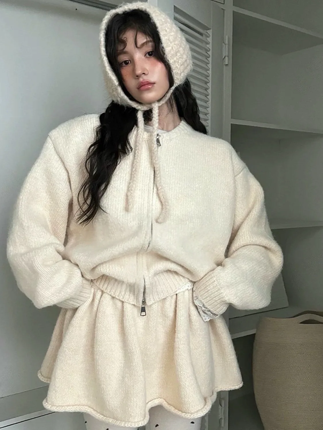 

Sweet Spicy Lazy Long Sve Knitted Zipper Open Cardigan High-End Feeling Women's Slimming f Skirt Faionable Set