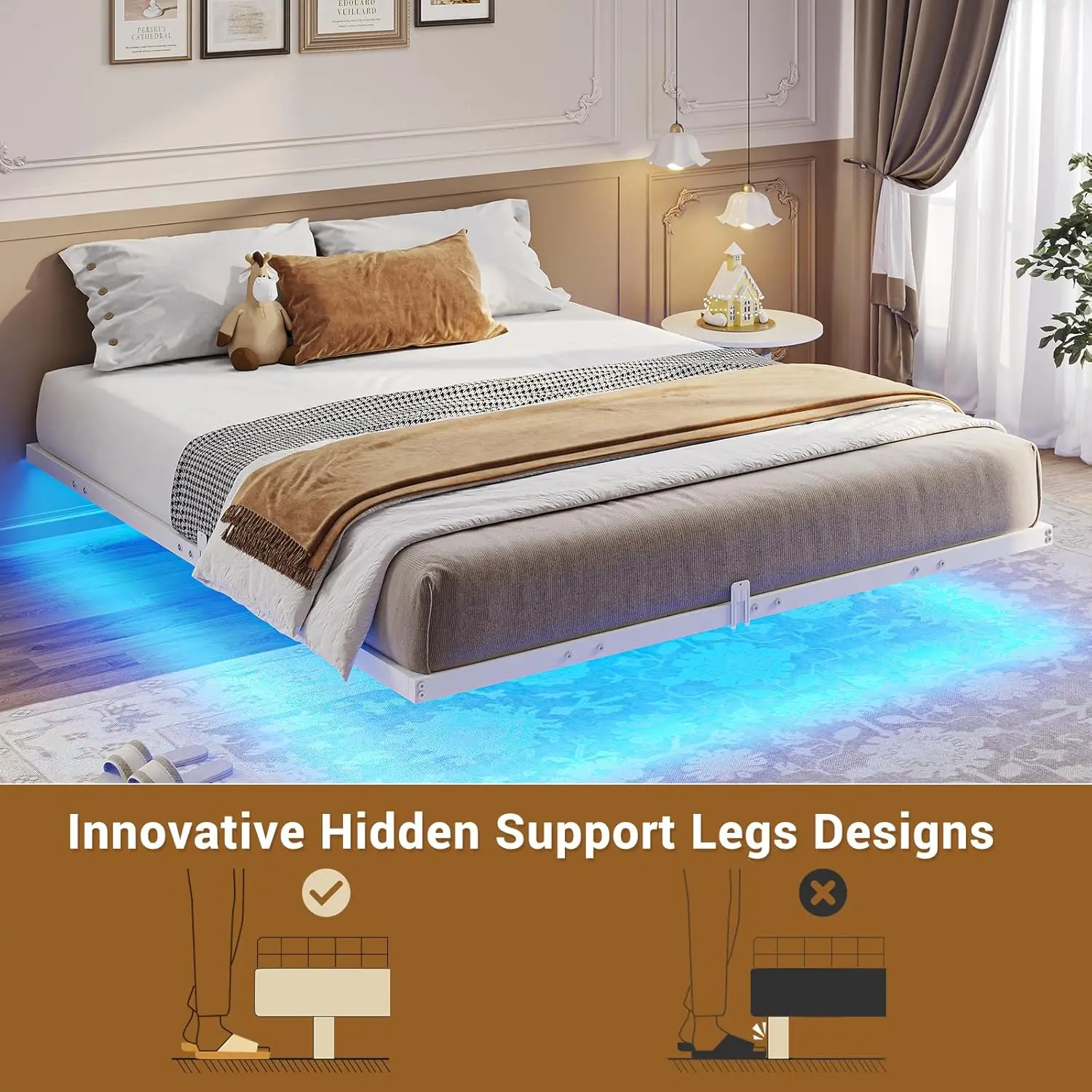 Estrutura de cama flutuante em tamanho real com luzes LED, cama completa com plataforma de metal, sem necessidade de molas, fácil de montar (completo)