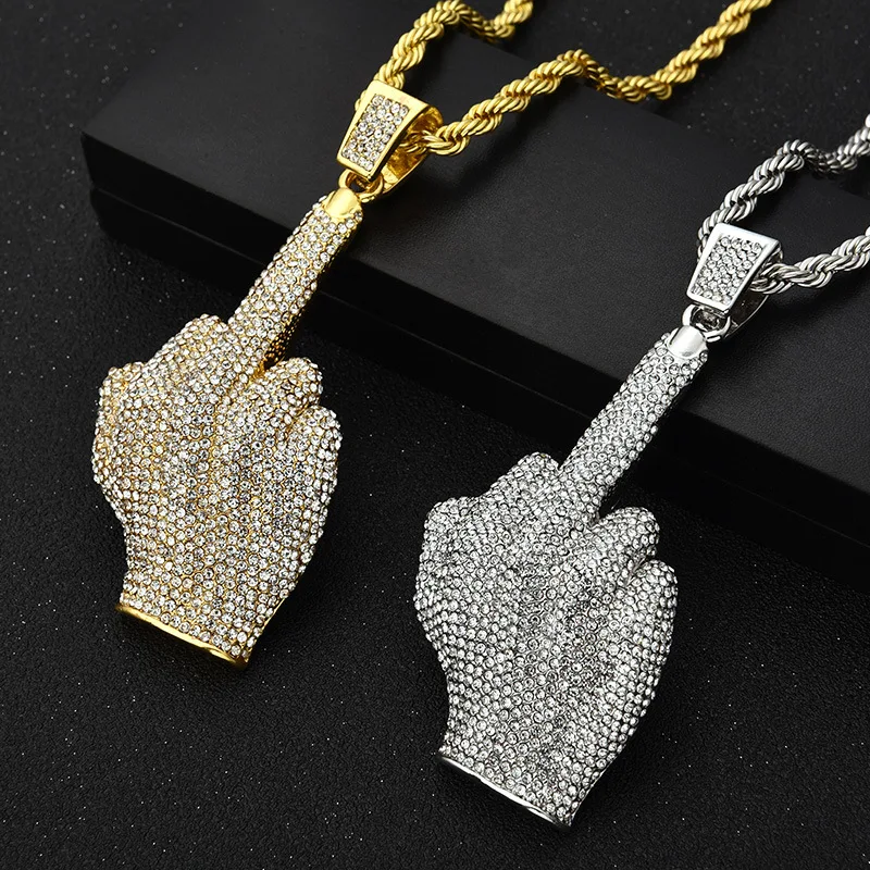 Ice Out Zircon Polite Gesture Middle Finger Necklace Men Women Punk Hip Hop Rap Rock Party Jewelry Gift