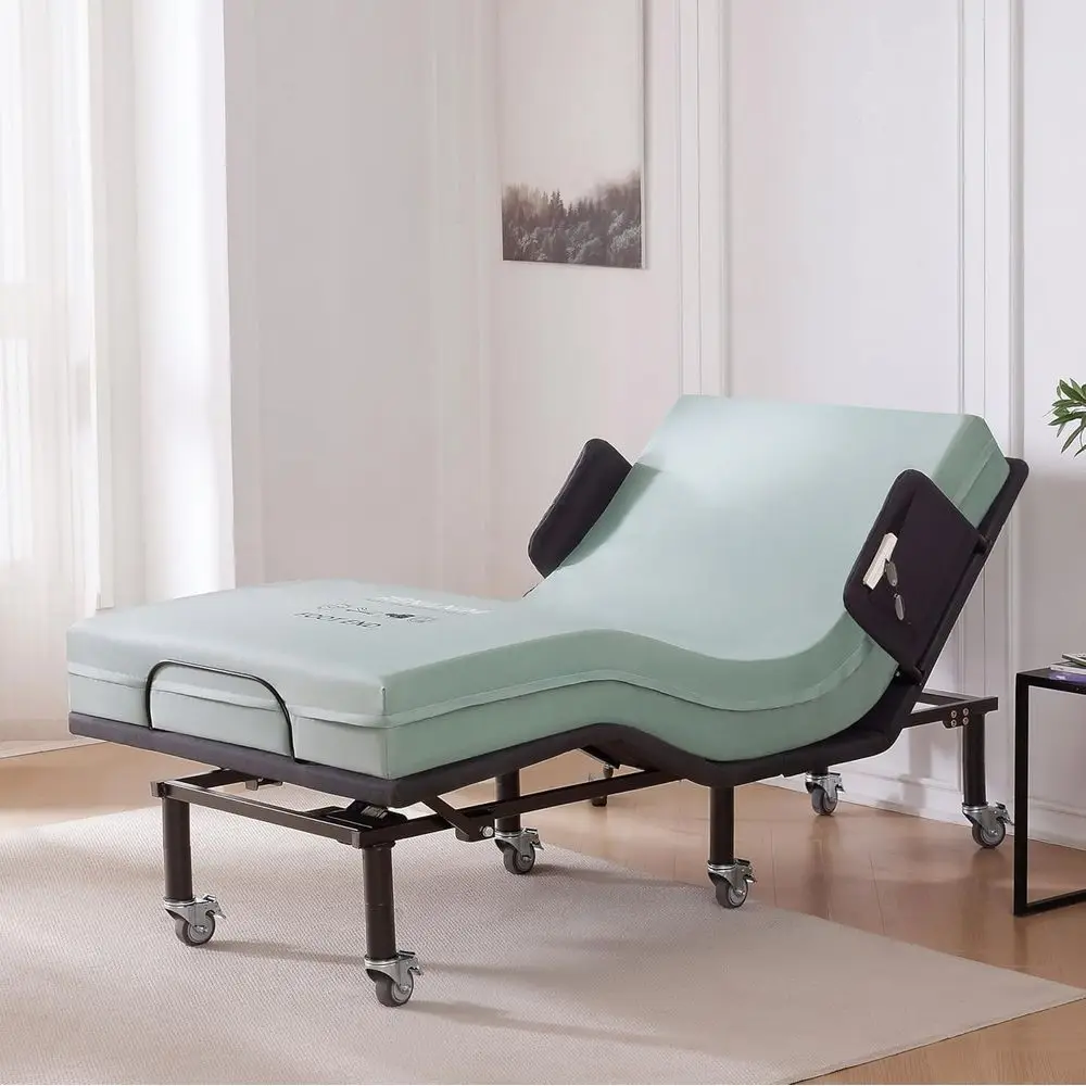 

Extra Long Twin XL Adjustable Bed with 8-Inch Mattress, Wireless Remote, Under-Bed Light, and Brake Wheel Legs for Elderly Adult