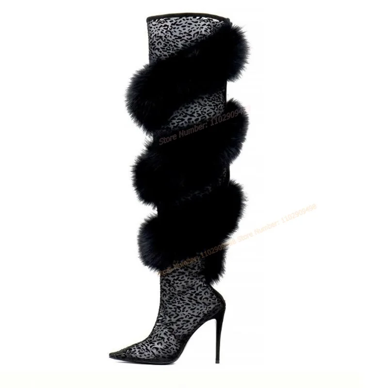 Schwarzer Kristall Pelz Dekor kniehohe Stiefel spitze Zehen Schuhe für Frauen dünne High Heels Herbst Winter Schuhe Zapatos Para Mujere