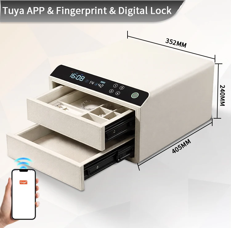 ce qsafe Smart Luxury Biometric Steel Jewelry Safe Box Smart Anti-Theft 2 Drawers with Fingerprint Recognition for Home