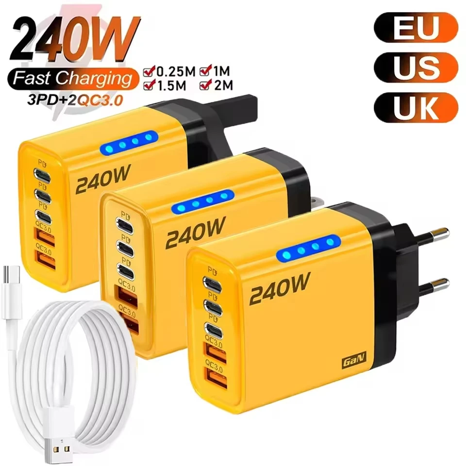 240W 5-in-1 GaN Fast Charger Desktop Power Adapter 3PD 2USB Ports for iPhone Samsung Xiaomi Tablet EU/US/UK Plug USB C Charger
