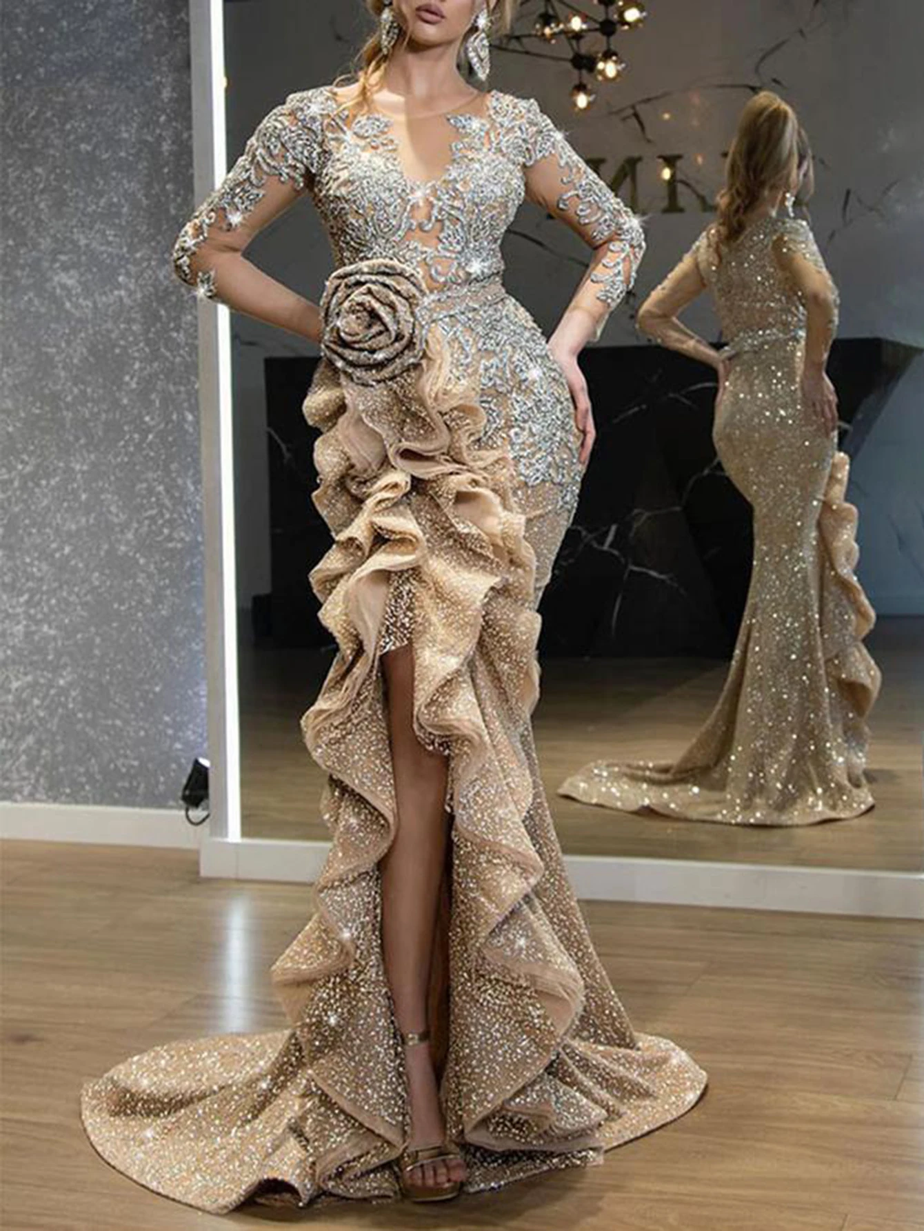 Осень-зима 2025: женские платья. Элегантные сексуальные драпированные трехмерные длинные вечерние платья с длинным рукавом и круглым вырезом с цветочным принтом.