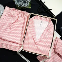 2024 Autumn Three Piece Ice Silk Pajama Women Short Sleeve Set Pink Striped Luxury Fashion Elegant Nightgown High End Chic Suit