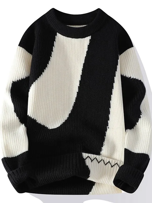 

Утепленный вязаный свитер с круглым вырезом для подростков: теплый повседневный базовый слой, модный дизайн с цветовыми блоками, одежда для студентов