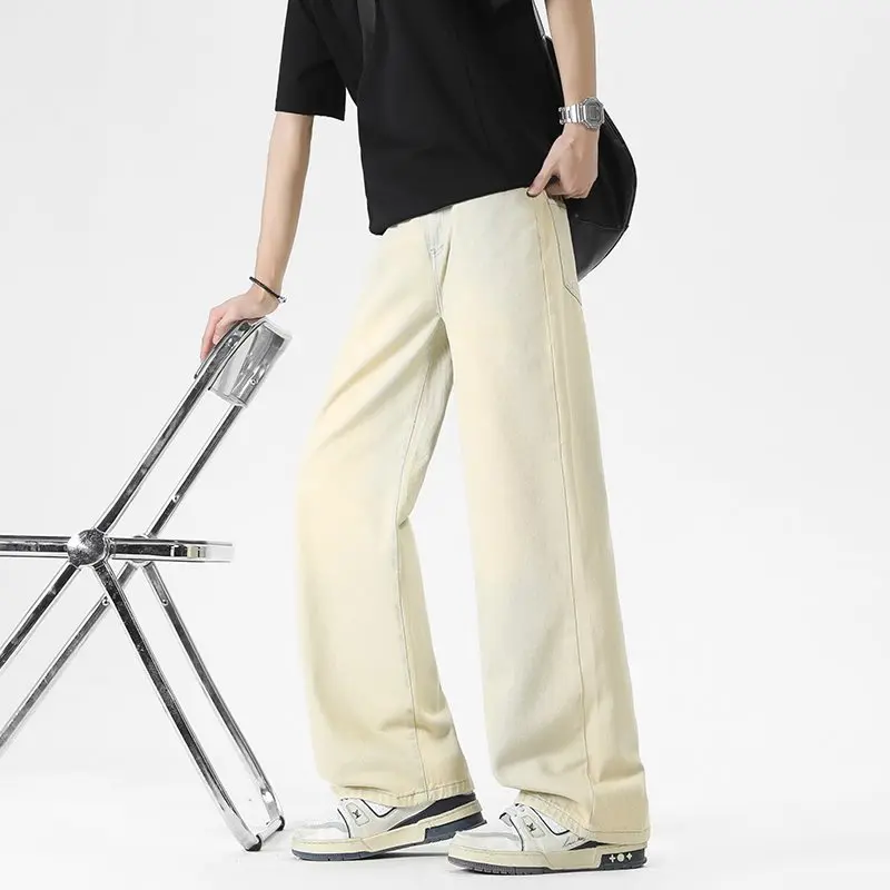 

Loose Straight Leg Jeans Vintage Washed Floor-Length Casual Workwear Pure Color Retro Hong Kong Style mid Waist Zipper Closure