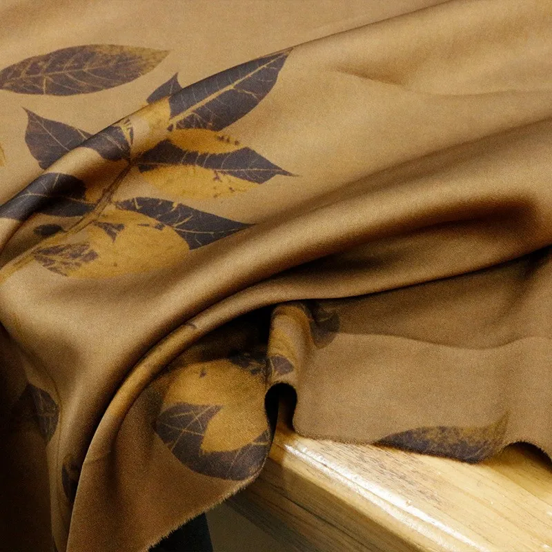 Coffee Ground Maple Leaf heavyweight silk double-sided satin fragrant gauze digital printed fabric clothing designer