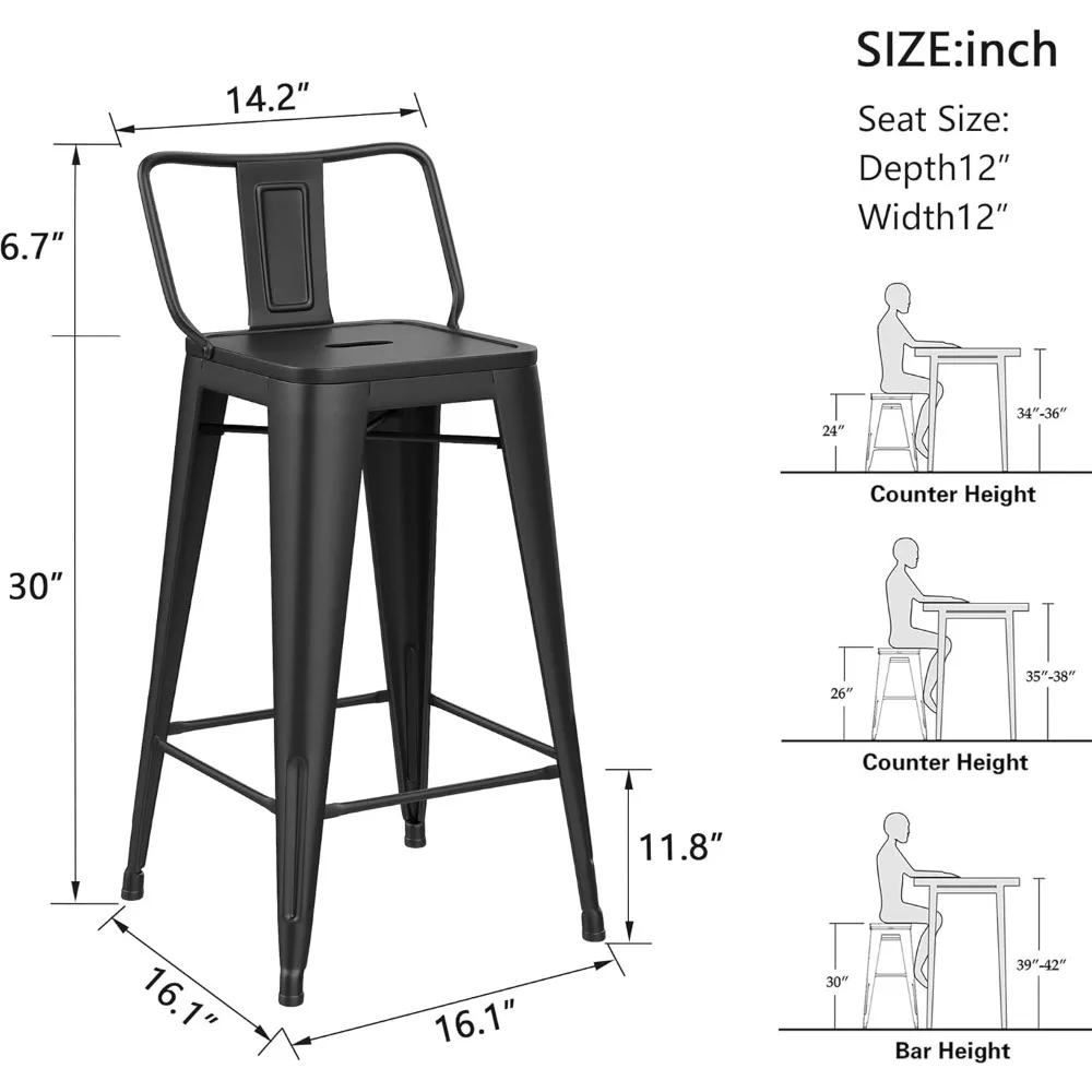 Conjunto de bancos de bar de metal de 30 polegadas com 4 bancos de altura com encosto Cadeiras de bar industriais com encosto baixo para ambientes internos e externos