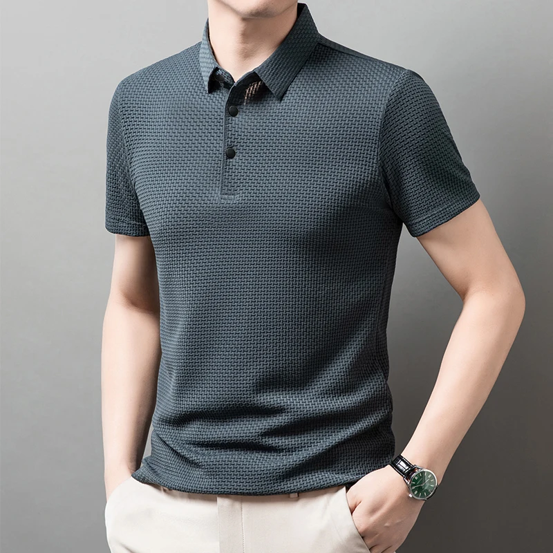 Men's Bone Flower Solid Color Polo Shirt Business Casual Short Sleeve Summer Breathable Versatile Top