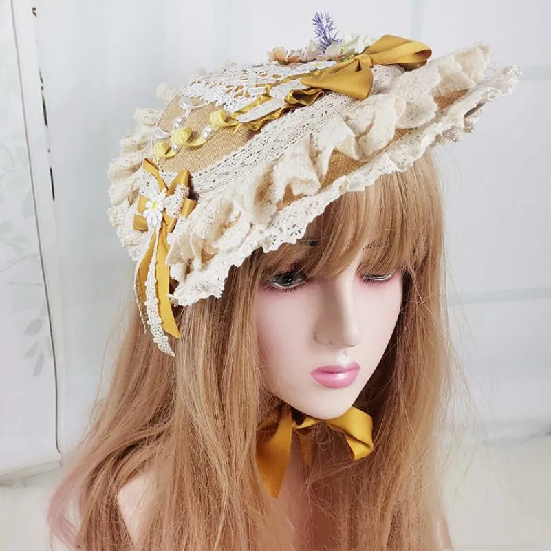 Handmade Lolita Pastoral Bonnet Straw Hat Sweet Ruffled Lace Ribbon Design Spanish Sweet Cute Cosplay Hair Accessories A1101