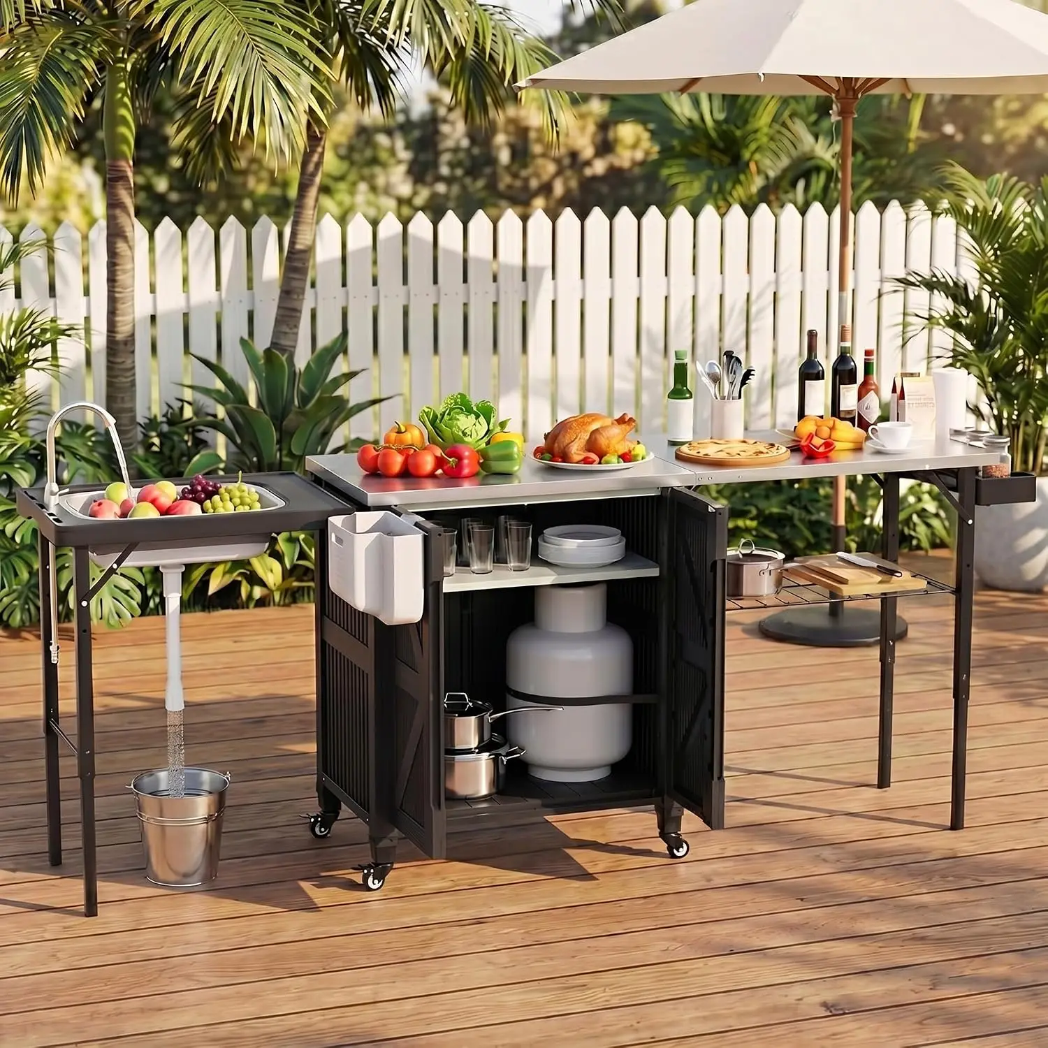 3-in-1 Rolling Kitchen Island with Wheels, BBQ Pizza Oven Cart with Storage Cabinet for Patio Backyard Garden Parties