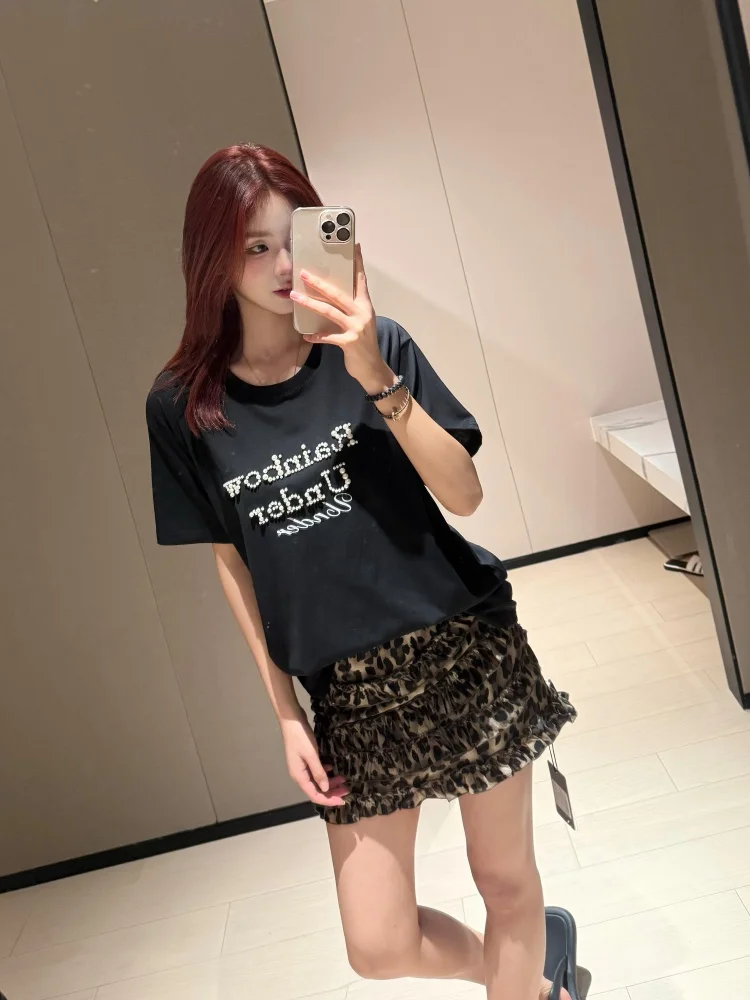 

Commute Sle Women's ort Sve Letter Print Top And Skirt Set Casual Faion Mid-Length Leopard Print f Skirt