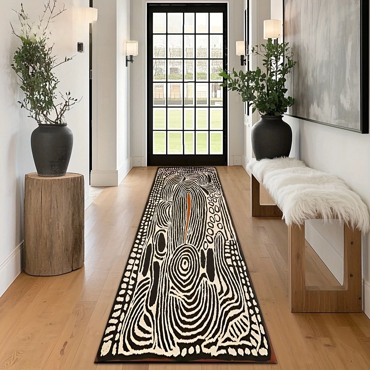 Abstract Black White Swirl Geometric Hallway Runner Rug  Modern Tribal Wave Line Print Non Slip Washable Long Entryway Floor Mat