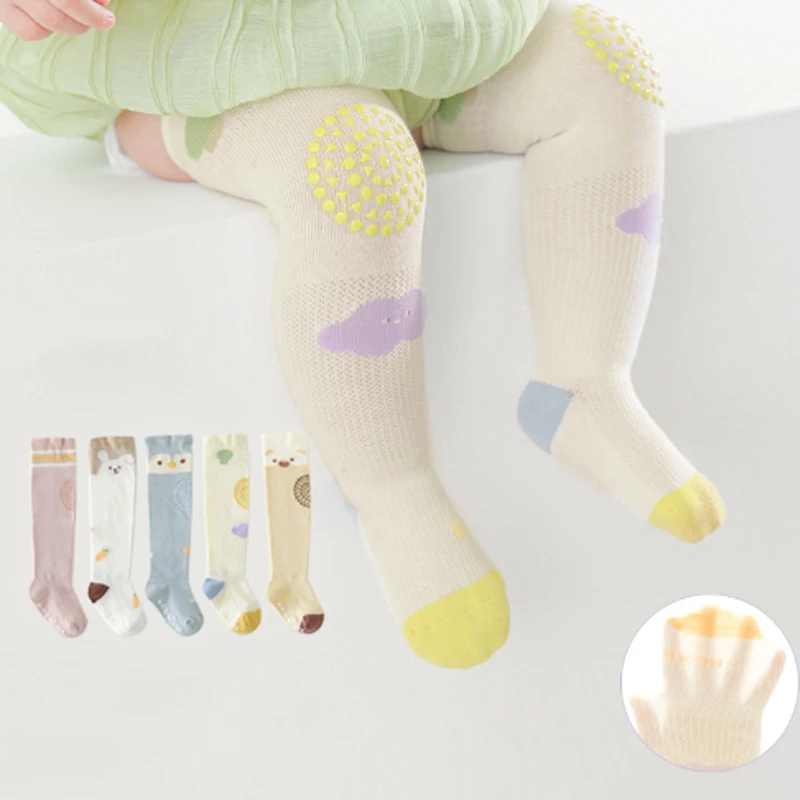 Summer Baby Boneless Combed Cotton Crawling Socks For Boys And Girls Cute Cartoon Pattern Breathable Mesh Over-The-Knee Socks