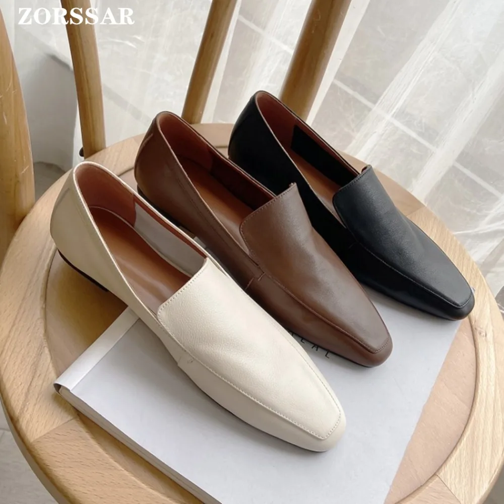 Loafers Women 2026 New Spring Square Toe One Foot Slip-on Shoes Women Genuine Leather Soft Flats Shoes Women