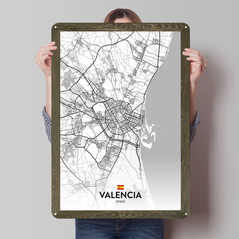 Letreros de Metal de Valencia ES, póster de mapa, decoración de pared, letrero de hojalata personalizado para decoración de arte de pared, cueva de hombre, decoración de habitación Vintage, Retro para hombres