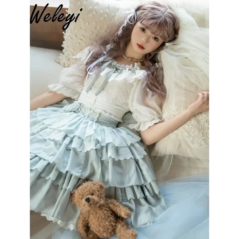 Gentle Lolita Blue Skirt Set for Women 2024 Summer New Sweet Short Sleep Top and Split Three Piece Large Swing JSK Short Skirts