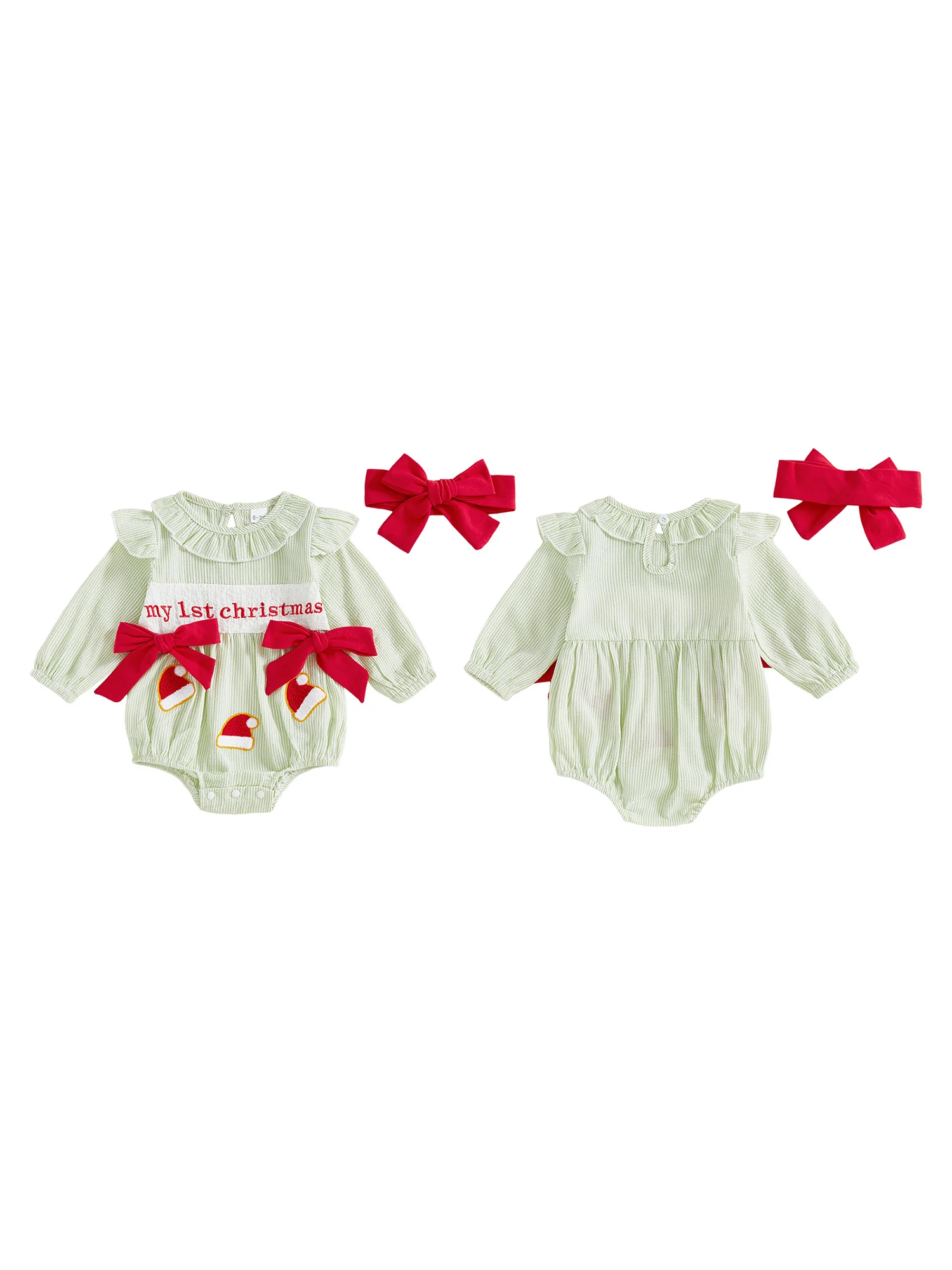 

Toddler Girl Polka Dot Holiday Jumpsuit with Bow Headband Set Festive Ruffle Trim Romper Long Sleeve Outfit