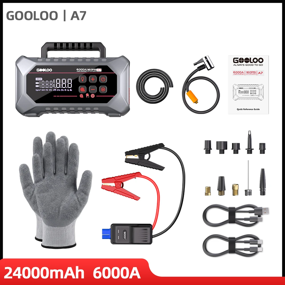 GOOLOO A7 Jump Starter with Air Compressor,6000A 160PSI 12V Supersafe Car Battery Booster Pack,LCD Display,LED Light,30W PD Fast Charge,Tire Inflator & Air Pump(Inflate & Deflate),for All Gas & Up to 10L Diesel Engines