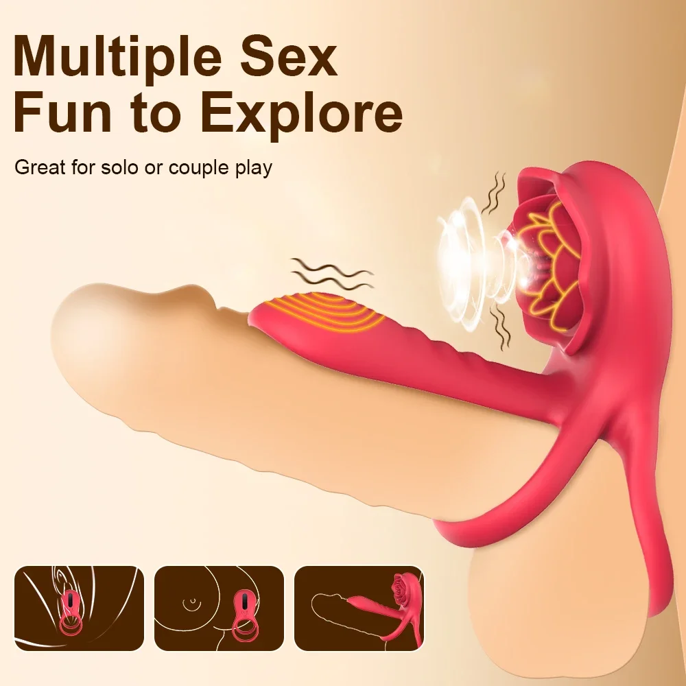 Rose Penis Cock Ring Vibrator Powerful Penis Sleeve Sucking Stimulator G-spot Female Nipple Clitoral Massager Sex Toy for Couple