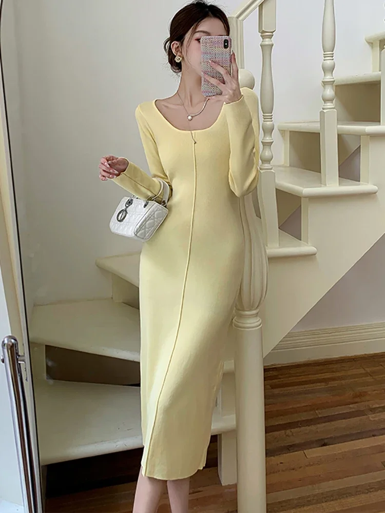 2025 الصلبة محبوك كم طويل فستان طويل غير رسمي المرأة أنيقة شيك سترة فستان الخريف الشتاء سميكة الدافئة فساتين السهرة الطرف