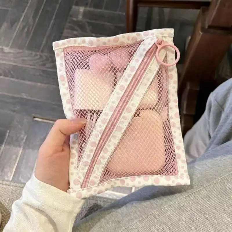 1Pcs Breathable Lightweight Portable Zipper Makeup Storage Pouch Peach Polka Dot Mesh Cosmetic Bag For Travel Daily Use