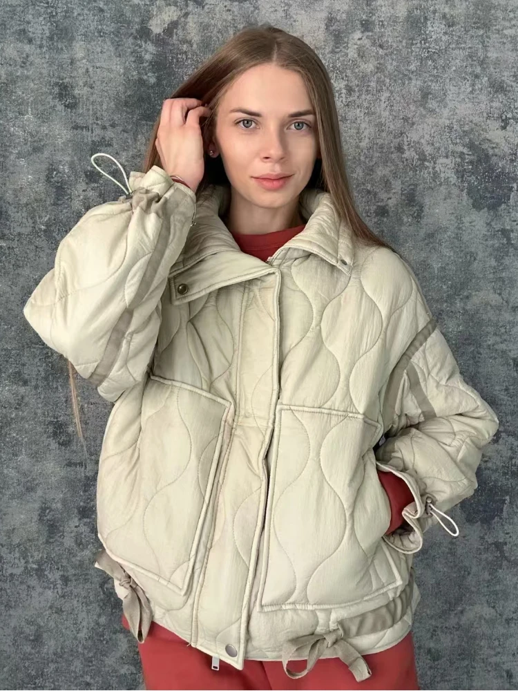 ZBZA Women Color Matching Jacket Quilted High Neck Long Sleeves Invisible Zip Button Big Pocket Warm Outerwear Winter Lady Coat