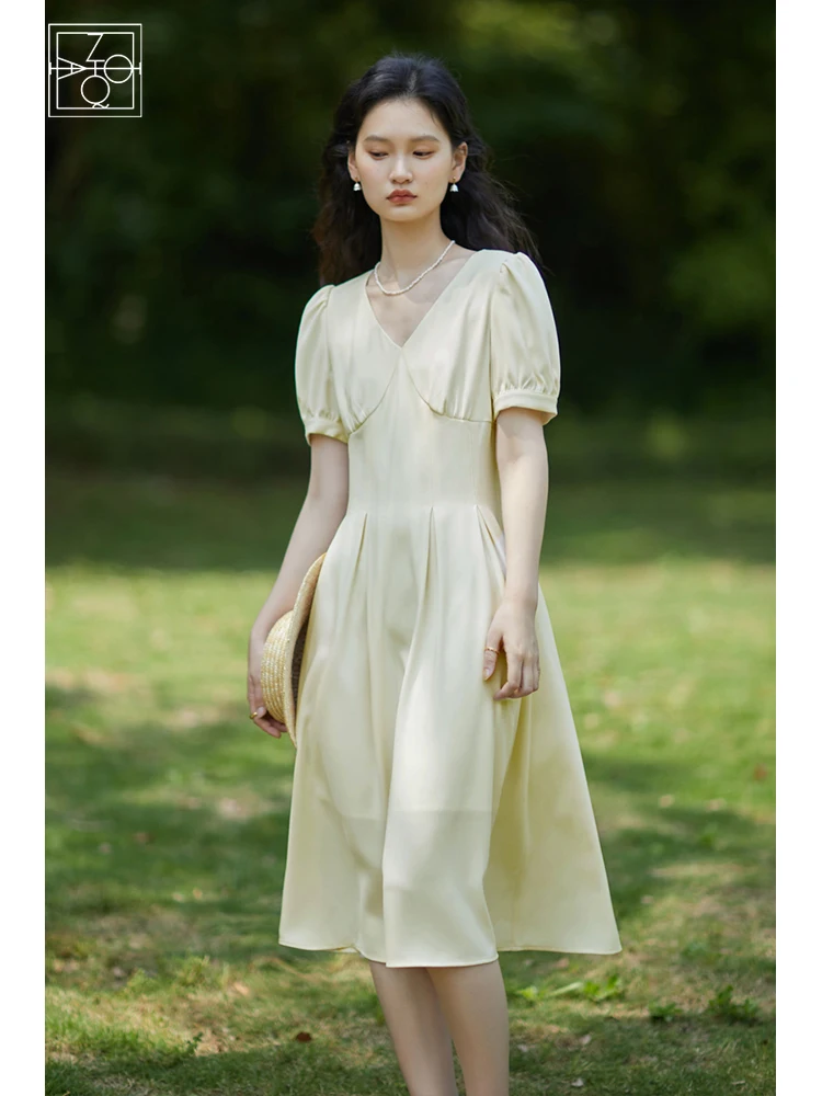 

ZIQIAO Gentle Wind Women Dress V-neck Summer 2022 New Chic Style Design Sense Commute Slim Thin Female A-line Long Skirts