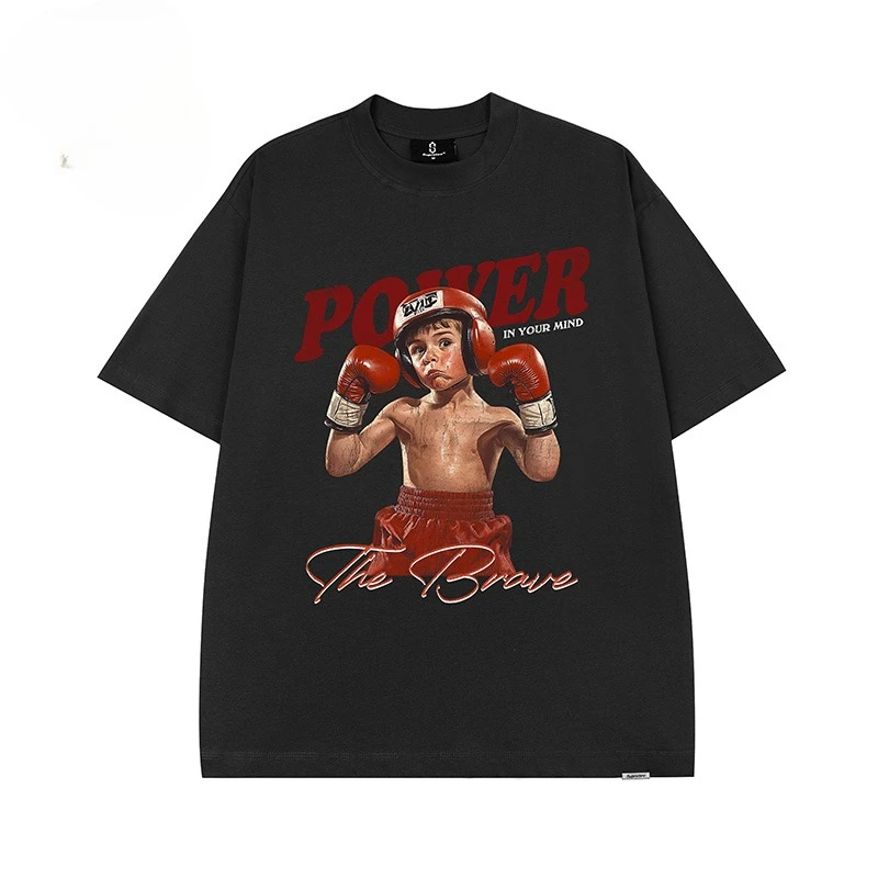 الملاكمة الصبي مطبوعة قصيرة الأكمام تي شيرت الرجال والنساء العلامة التجارية العصرية الشارع الأمريكية الرجعية نصف كم الرياضة اللياقة البدنية المحملة