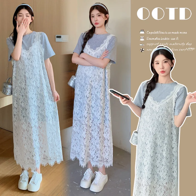 

Summer Maternity Dress Set - Stylish Layered Outfit for Pregnant Women: Short Sleeve Tee with Lace Trim Sleeveless Maxi Dress