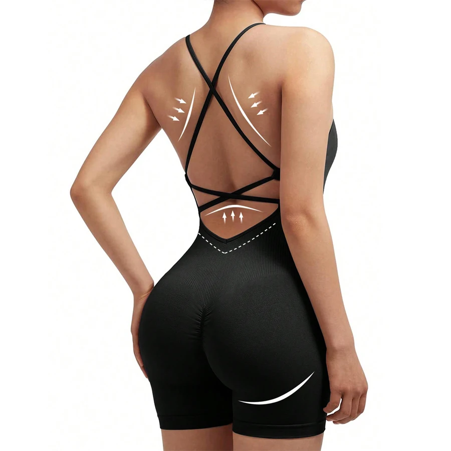 

Sexy Fitness Jumpsuit Shorts Women Cross Adjustable Sports Running One Piece Yoga Suit Scrunch Shorts Backless Romper