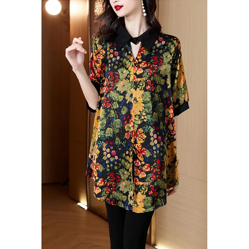 Summer New Loose Casual Floral Printed Patchwork Shirt Female Short Sleeve Vintage Cardigan Blouse Women Oversized All-match Top