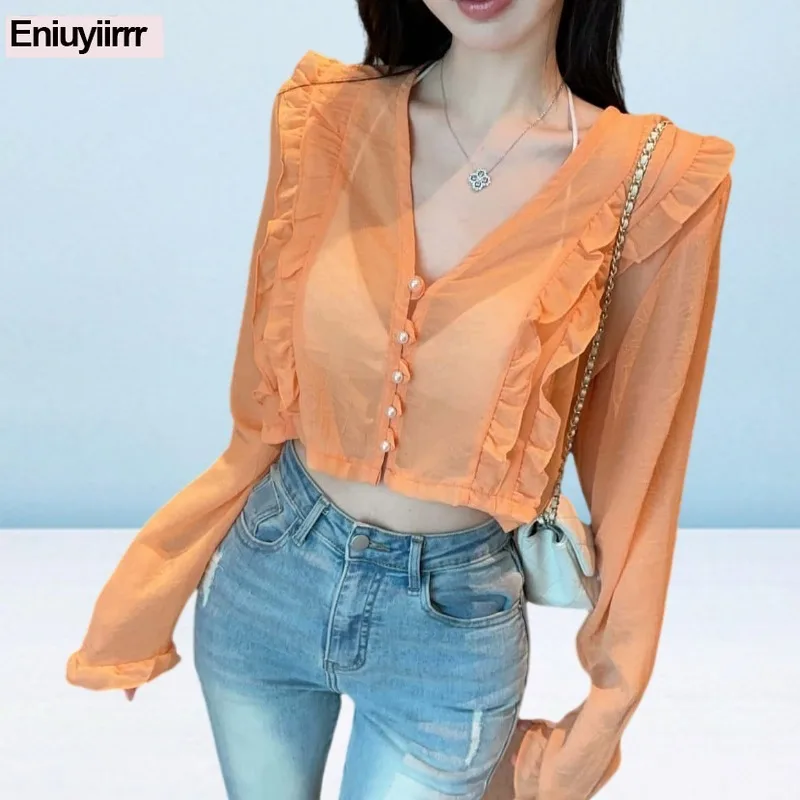 

Hong Kong Style Sexy See Through Short Crop Tops Blouses Long Sleeve New Fashion Cute Romantic Ruffles Button Shirts